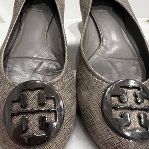 Tory Burch Textured Taupe Flats with Black Logo